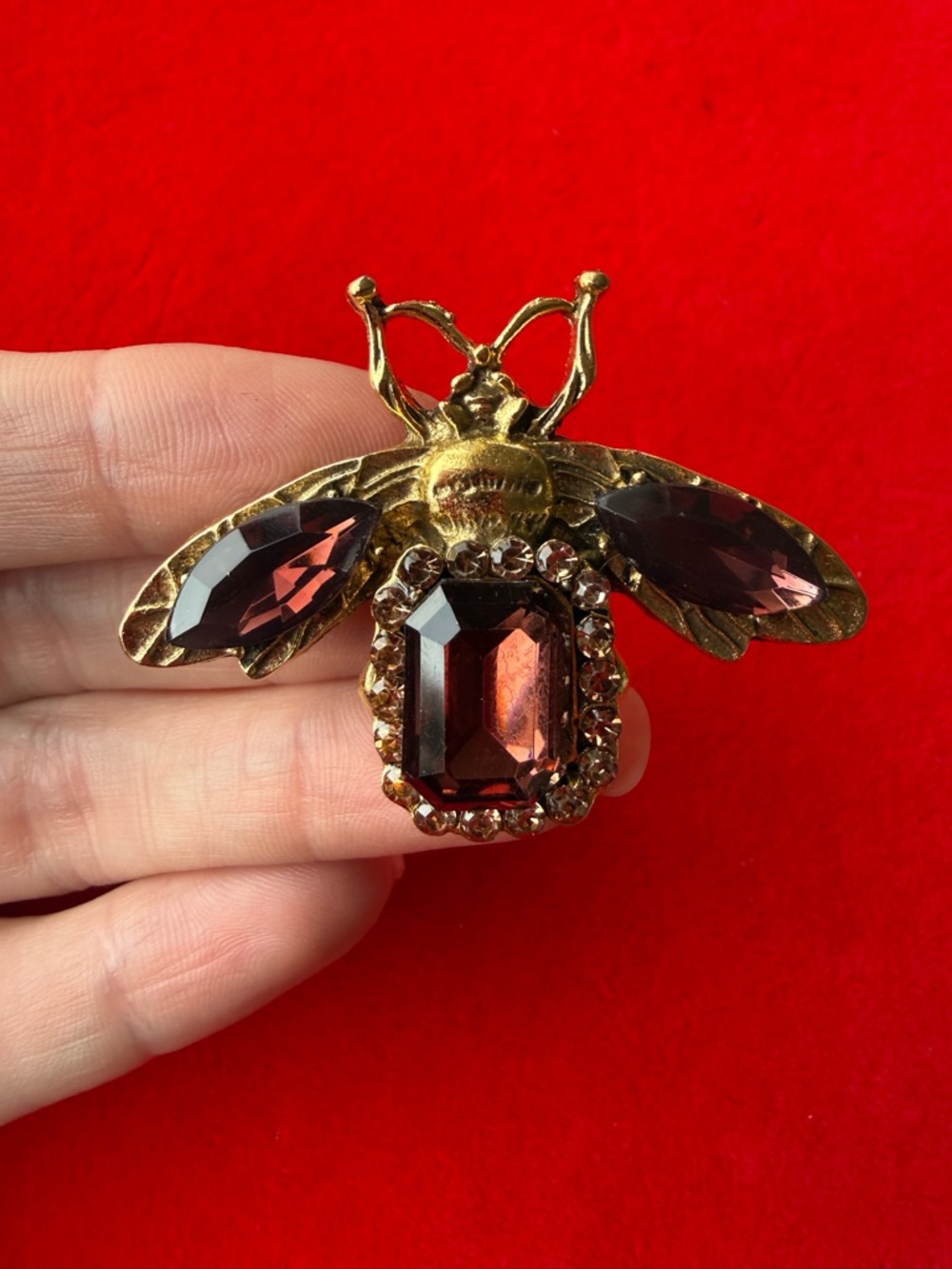 Anthropologie Gold Bee Brooch with Garnet-Tone Stones